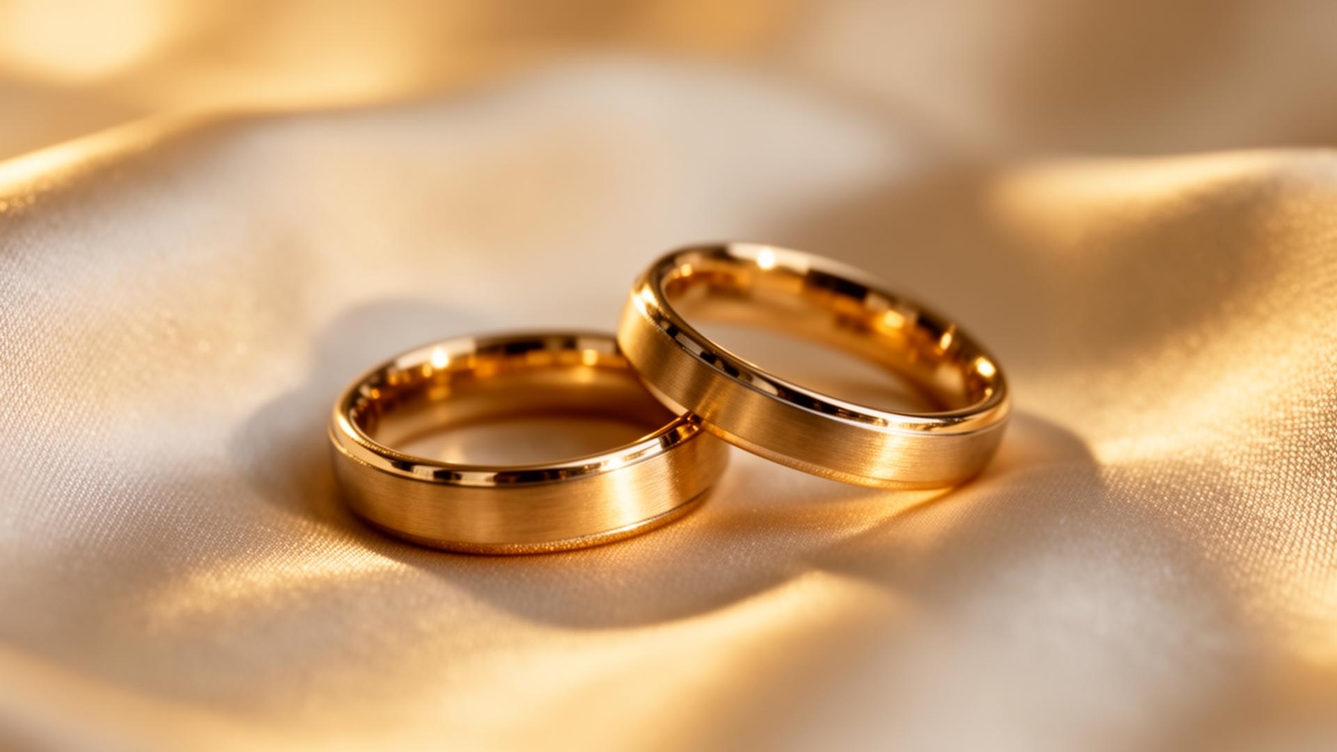 Duas alianças de casamento sobre tecido de seda dourada